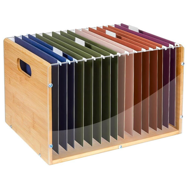 Sbanmao Letter/Legal Bamboo Acrylic File Box Organizer, Hanging File Folder Storage Boxes, Decorative Document Crate Transparent Filing Bin with Handle for Home Office Desk