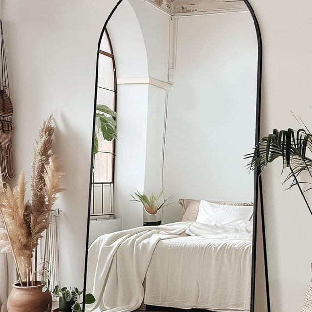 Full Length Mirror with Stand, 76"x34" Arched Full Body Mirror, Large Stand Up Mirrors, Aluminum Frame Floor Standing Mirrors, Freestanding Hanging Leaning Mounted for Bedroom Living Room, Black
