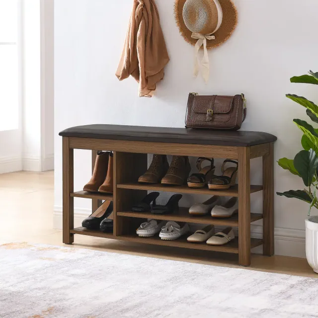 KTMBDW Entryway Shoe Rack with Cushioned Seat, Shoe Bench for Entry, 3 Shelves Storage Bench w/Faux Leather Top Bed Bench for Bedroom, Brown