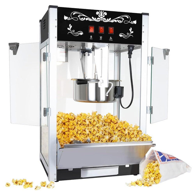 SLOFLOW Commercial Popcorn Machine - 16 Oz Kettle, 80 Cups per Batch, 1440W Power, 3-Switch Control, Theater Style Popper with Steel Frame & Tempered Glass Doors, 1 Scoop & 2 Spoons Included BLACK