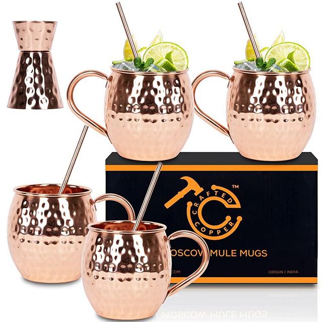 Moscow Mule Mugs - Set of 4 | 99% Pure Copper Food Safe 16oz Mule Mugs with 4X Copper Straws and 1x Copper Jigger - Premium Cocktail Kit