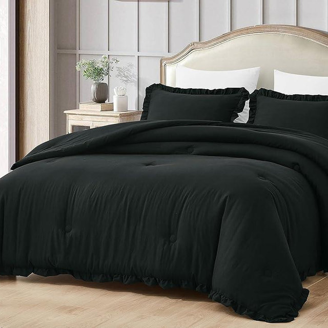 Chezmoi Collection Nora Black Comforter Set Oversized Queen 3-Piece Lightweight Soft Stone-Washed Ruffled Shabby Chic Bedding for All Season