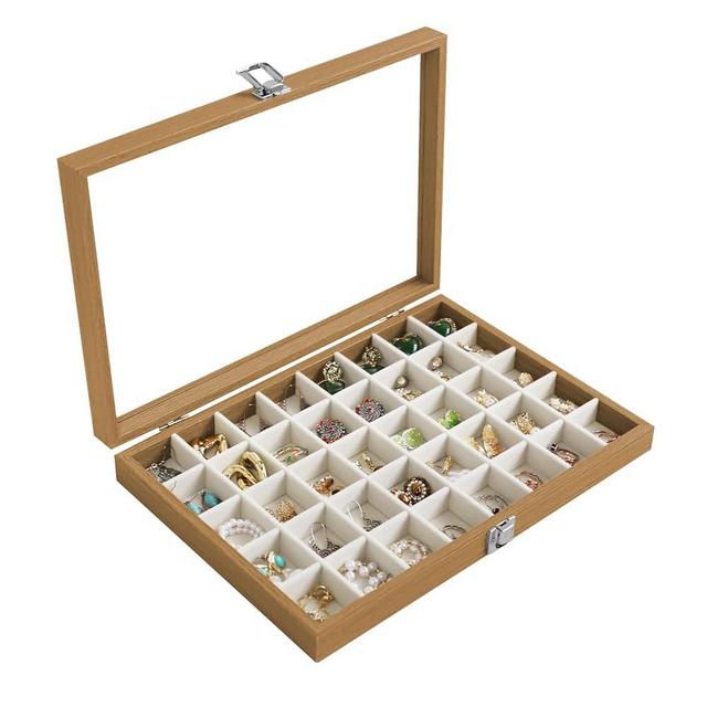 Stratalife Jewelry Organizer 40 Grid Jewelry Trays with Clear Lid Wood Earring Organizer Ring Holder Accessories Box Necklaces Earrings Storage for Women Drawers Vintage Style Beige