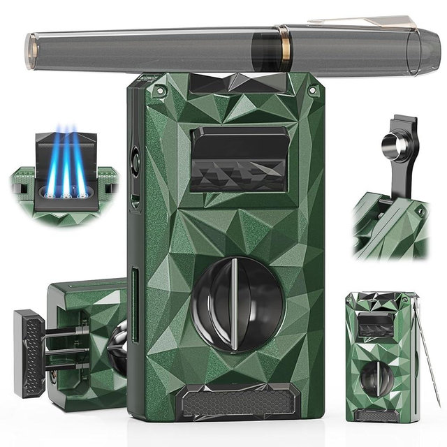 5-in-1 Torch Lighter, with V-Cutter, Triple Jet Flames, Holder, Punch, Draw Enhancer Tool, Multifunctional Accessories, Gifts for Men, Windproof Refillable Butane Lighter for Travel, Candles, Outdoors