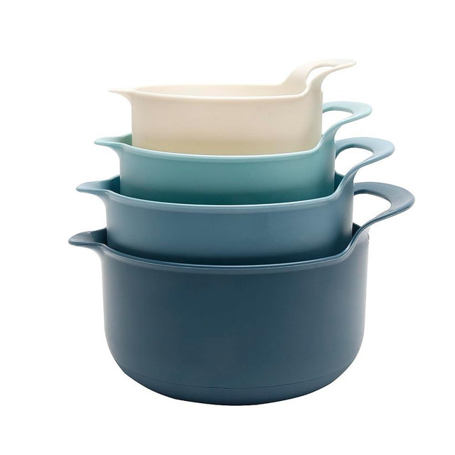 COOK WITH COLOR Mixing Bowls - 4 Piece Nesting Plastic Mixing Bowl Set with Pour Spouts and Handles - Non Slip Bottom and Measurement Markings (Blue)