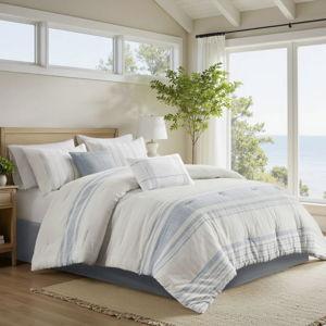 Morgan Cotton Jaquard Striped Comforter Set - Blue/White, Full Comforter + 5 Additional Pieces
