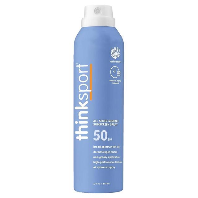 Thinksport Spray Sunscreen, All Sheer SPF 50 Zinc Oxide Mineral Sunscreen, 6 Fl Oz, Natural, Water Resistant, Reef Safe, Broad Spectrum UVA/UVB Sun Block for Sun Protection, Vegan