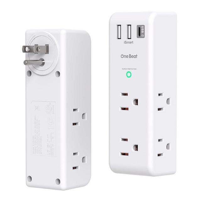 2 Pack Surge Protector Outlet Extender with Rotating Plug, 6 AC Multi Plug Outlet with 3 USB Ports (1 USB C), 1800 J, 3-Sided Swivel Power Strip with Spaced Outlet Splitter for Dorm Office, White