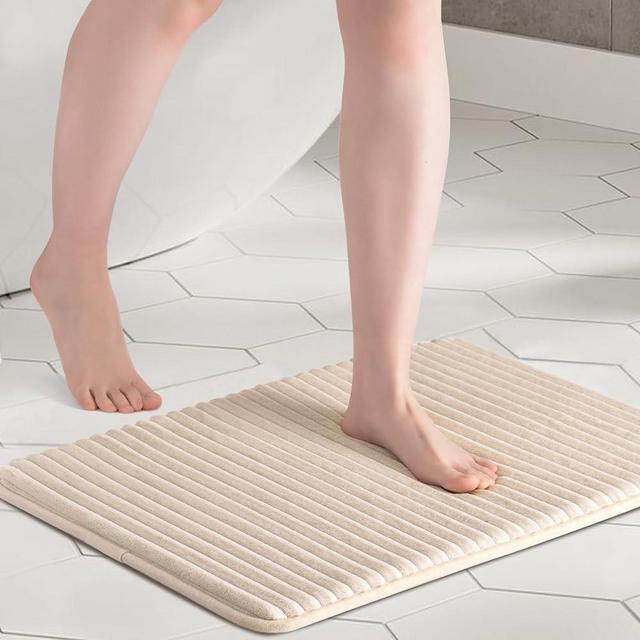 FRESHMINT Ultra Soft Charcoal Infused Memory Foam Bath Mat 17" x 24", Bath Rugs for Bathroom Non-Slip, Thick & Water Absorbent Bathroom Rugs, Room Accessories Shower Floor Mat, Washable, Papyrus Beige