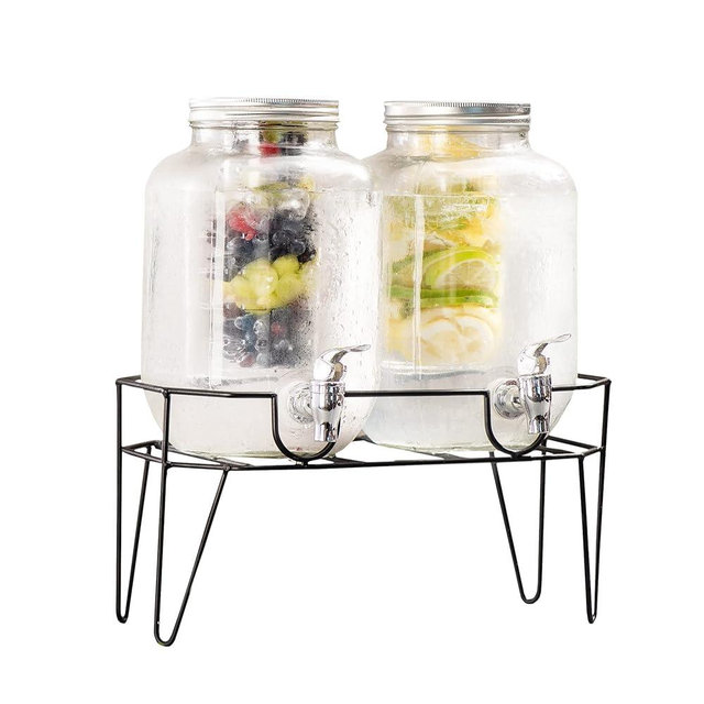 Style Setter Clifford Set of 2 Beverage Dispensers with Infuser & Metal Stand, Silver Lid, Cold Drink w/ 1 Gallon Capacity Glass Jug and Acrylic Spigot