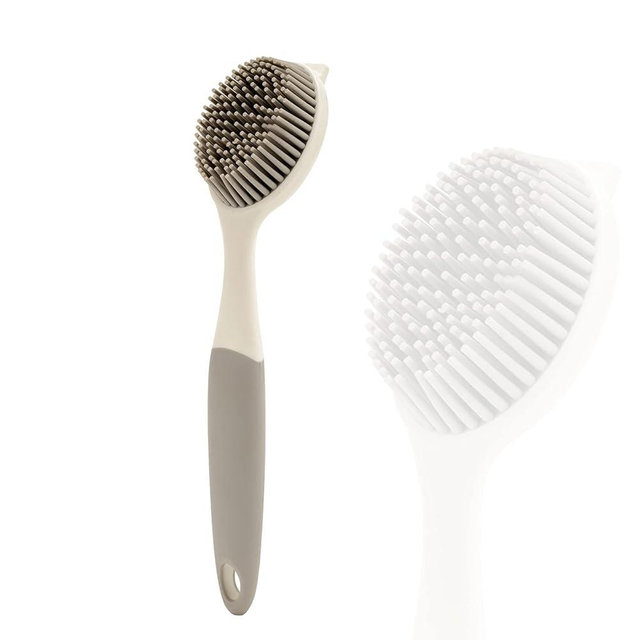Dish Scrubber, Silicone Soft Bristles Scrub Brush with Scraper Tip, Comfortable Grip Brushes for Kitchen Sink, Pans, Pots, Skillet, Vegetable, Fruit, Potato Cleaning (White/Grey)