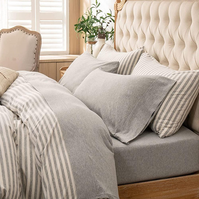PURE ERA Jersey Knit 4pc Bed Sheet Set 100% T-Shirt Heather Cotton Super Soft Comfy Breathable Fits Mattress Up to 20" Extra Deep Pocket (Light Grey, Queen)