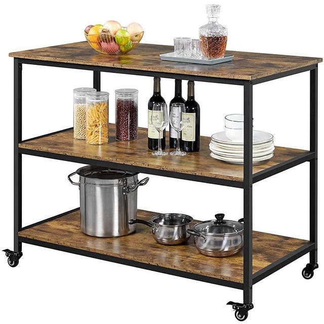 Yaheetech 3-Tier Kitchen Island Rolling Cart on Wheels with Shelves for Dining Room, Kitchen Serving Cart with Lockable Wheels, Utility Storage Cart w/Large Worktop, 47.5 x 24 x 36.5”, Rustic Brown