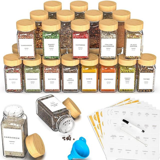 24 Glass Spice Jars with Label, Spice Jar Set with Bamboo Lids 4oz Seasoning Containers Organizers & Spice Labels, Empty Spice Bottles, Kitchen Organization Storage for Cabinet Drawer Decor Essentials