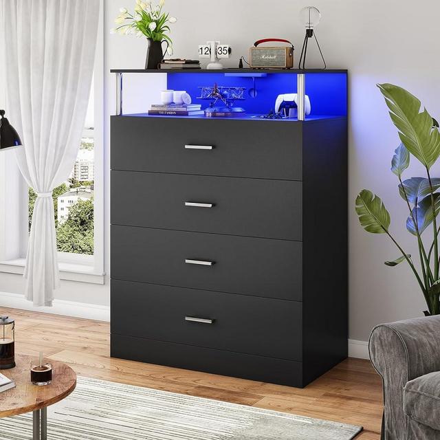 AOGLLATI Dresser for Bedroom with Column Design, 4 Drawer Dresser with Charging Station, Modern Bedroom Led Tall Dresser for Bedroom Closet