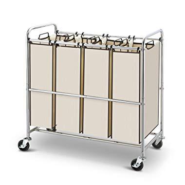 Simple Trending Heavy Duty 4-Bag Laundry Hamper Sorter Cart with Rolling Wheels, Chrome