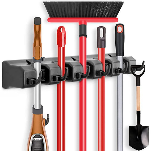 IMILLET Mop and Broom Holder, Wall Mounted Organizer-Mop and broom Storage Tool Rack with 5 Ball Slots and 6 Hooks (Black)