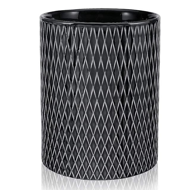 Vintage Utensil Crock Holder for Kitchen, Ceramic Utensil Holder Decorative Diamond Stripe Kitchen Utensil Storage Caddy Organizer Perfect Gift for Countertop Cooking, Black Color