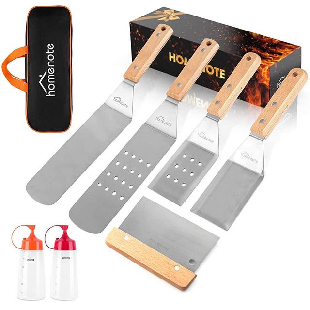 HOMENOTE Griddle Accessories Kit, 7Pc Professional BBQ Kit in Gift Box - Heavy Duty Wooden Handle Stainless Steel Griddle Tool Set Great for Grill Flat Top Cooking Camping
