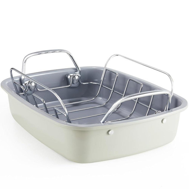 KITESSENSU Large Roasting Pan with Rack - 25 LB Nonstick Turkey Roaster Pan for Oven - Heavy Duty Carbon Steel Roasting Pan with Wider Handles for Chicken, Vegetables & Holiday Meals, Cream