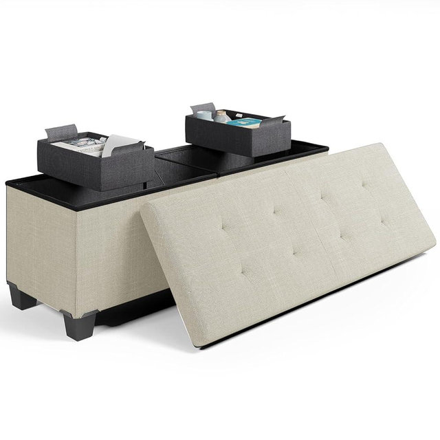 Storage Ottoman Bench, 43-In Storage Bench for Bedroom End of Bed, Large Ottoman Foot Rest with Storage Bins, Ivory Ottoman with Storage for Living Room, Bench with Storage Max 660lbs, Fabric Ottoman
