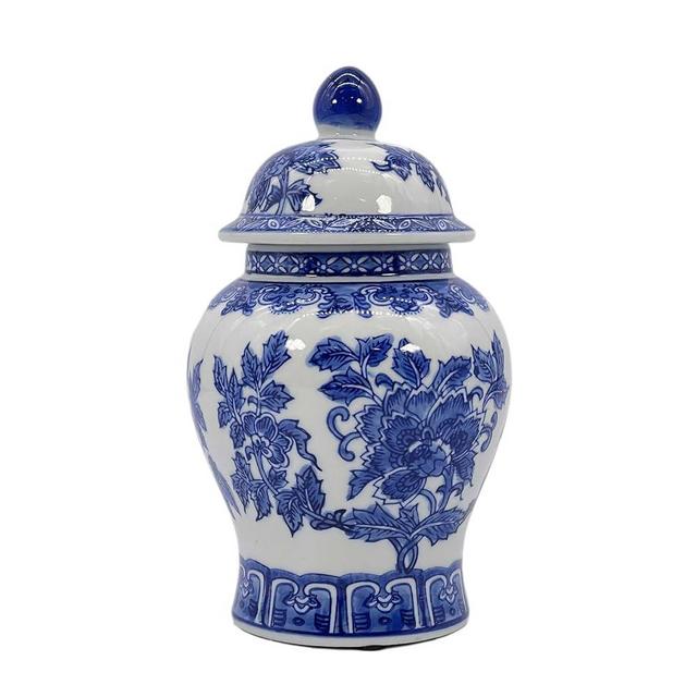 Galt International 8" Ceramic Ginger Jar with Lid - Tea Storage, Decorative, Home Decor Jar (Blue & White Hibiscus)