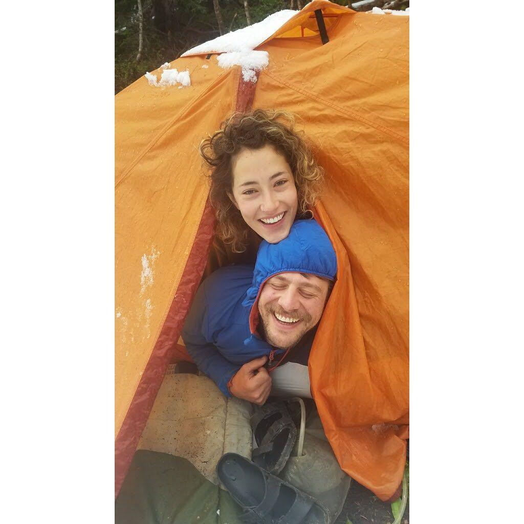 One of our first camping trips together in 2020. It snowed.