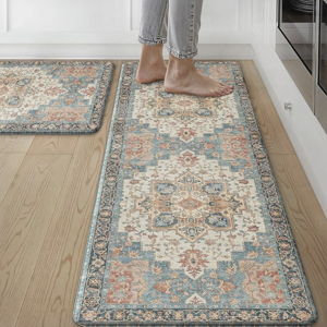 GENIMO Kitchen Mats for Floor 2PCs, Washable Anti Fatigue Mat for Cushioned, 17.3"x47"+17.3"x30", Waterproof Kitchen Rugs, Non Slip Comfort Standing Mat Rug for Home, Sink, Laundry, Blue&Salmon