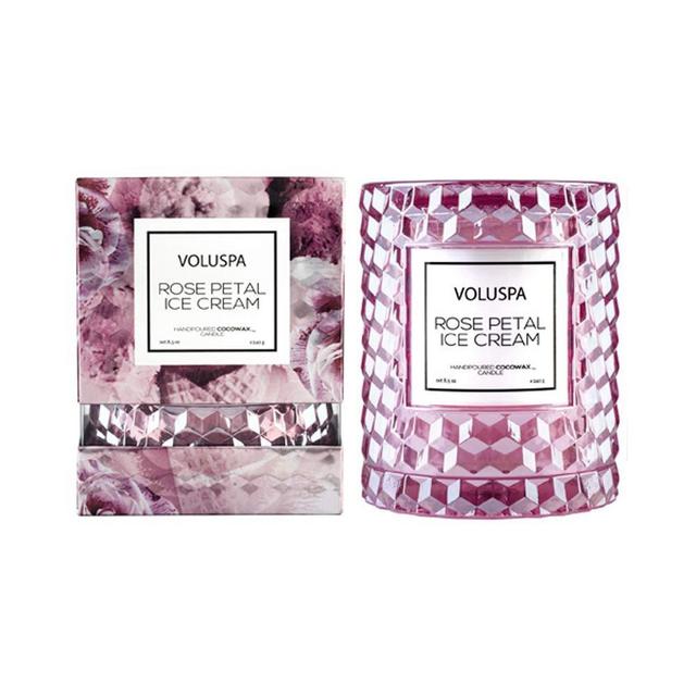Voluspa Rose Petal Ice Cream Icon Cloche Textured Glass Candle, 8.5 Ounces