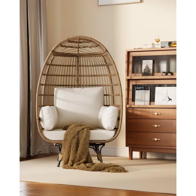 Oversize 360°Swivel Egg Chair Patio Rattan Egg Basket Lounge Chair, Steel Frame Stand and 4 Cushions for Patio, Porch,Living Room,Beige