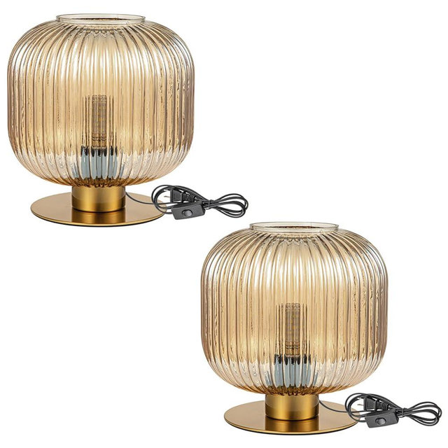 Soutas Mid Century Glass Table Lamps Set of 2, Vintage Table Lamp Gold Bedside Lamp Amber Globe Nightstand Lamp, Side Table Lamp Decorative Desk Lamp for Bedroom Living Room Office
