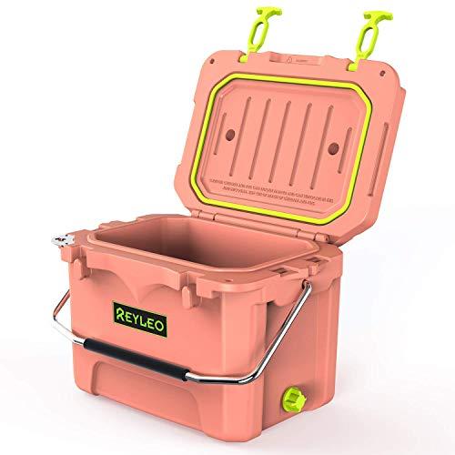 REYLEO Cooler, Rotomolded Cooler 21-Quart, 30-Can, 3-Day Ice Retention, Heavy Duty Ice Chest, Built-in Bottle Opener, Cup Holder, Fishing Ruler, Drain Plug - Organge