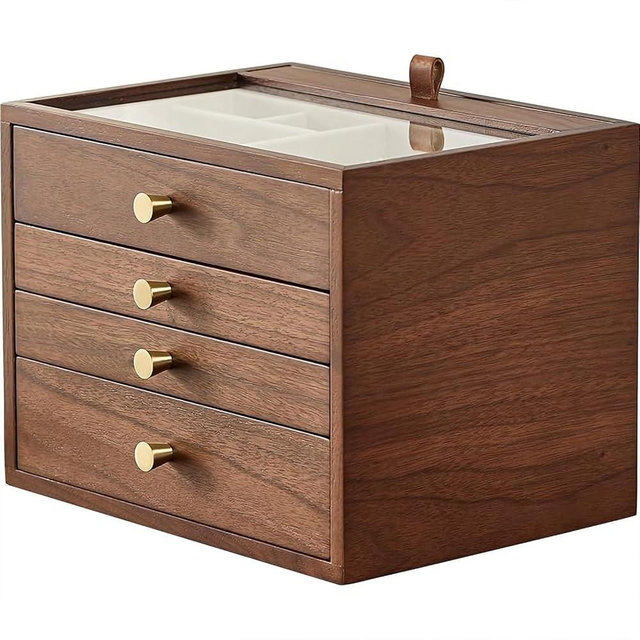 CHOSIN Black Walnut Wooden Jewelry Box for Women Classical Solid Wooden 4-Layer with Glass Lid and Pull-out Necklace Storage Layer Watch Necklace Ring Earring Birthday Day Gifts