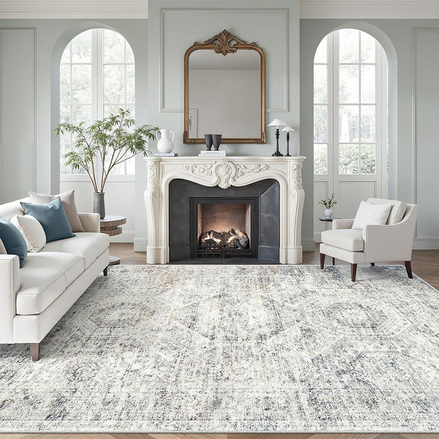 Soalmost Washable Area Rug 8x12, Large Soft Rugs for Living Room Vintage Blue Ivory Carpet 8x12 Area Rugs for Bedroom Dining Room Non-Slip Stain Resistant Under Table Rug