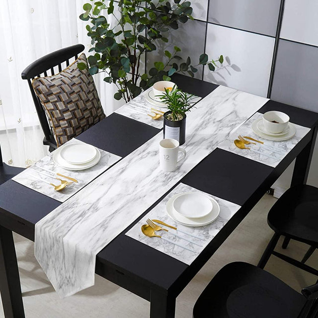 Z&L Home Table Runner Set with Placemats Table Mats Modern Marble Textur Dress Scarf for Tables Simple Generous White for Dining/Kitchen/Hotel/Party