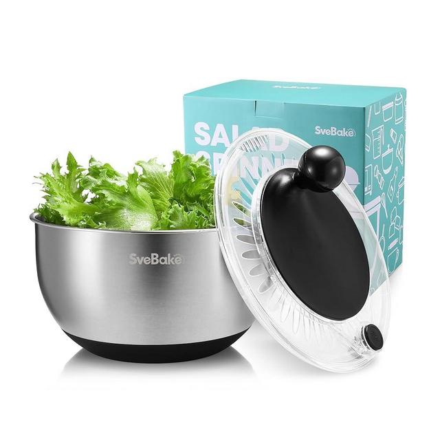 SveBake 5.3Qt Stainless Steel Salad Spinner with Stop Button - Quick and Easy Lettuce Spinner with Transparent Lid & Drainage Hole, Vegetable Dryer, Fruit Washer with Non-Slip Base, Dishwasher Safe