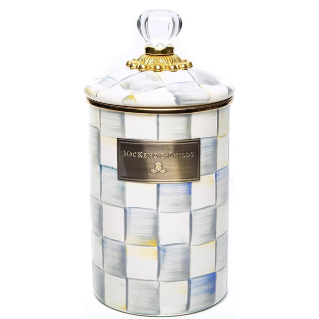 MACKENZIE-CHILDS Large Enamel Canister, Kitchen Storage Container for Flour and Sugar, 1.89 Liters, Grey-and-White Sterling Check