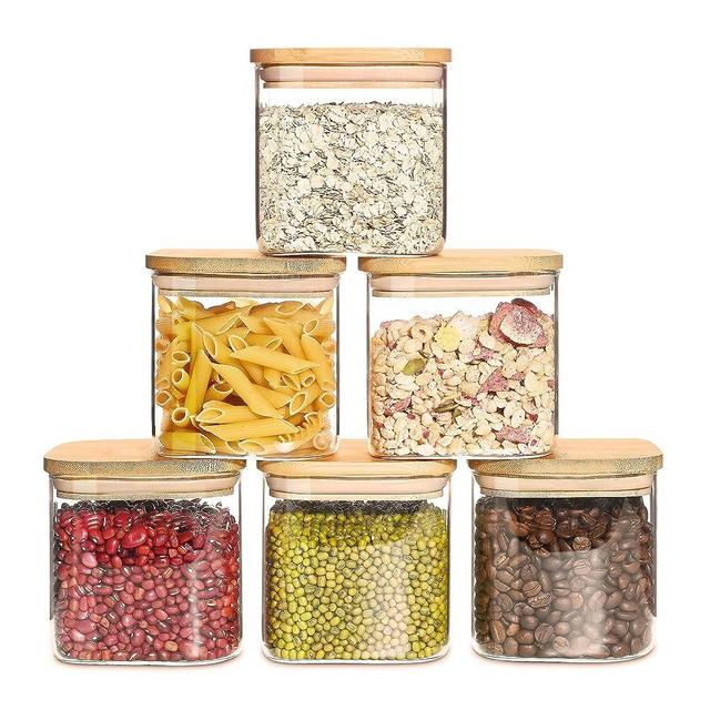 27oz Glass Food Storage Jars with Bamboo Lids, Clear Square Airtight Kitchen Storage Container Sets, Stackable Glass Pantry Food Canisters for kitchen Counter, Candy, Cookie, Rice, Sugar, Flour, Pasta, Coffee, Grain, Cereal(Set of 6)