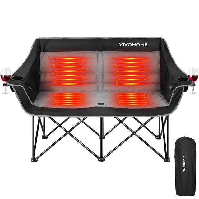 VIVOHOME Heated Double Camping Chair with Wine Glass Holders, Oversized Portable Folding Loveseat with 12V 20W PD Fast Charging Type C Port, 3 Levels of Heat, NTC Overheat Protection System