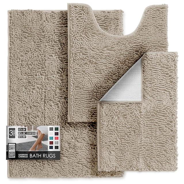 Hearth & Harbor Bathroom Rugs, Chenille Bath Mat - Machine Washable Bath Mats for Bathroom Non-Slip Backing Rubber, Quick Dry Bathroom Mat - Beige Bath Rug, 17x24-26x44-20x24
