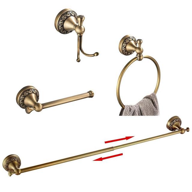 BATHSIR Antique Brass Towel Bar Set, Adjustable Bathroom Accessories Include Expandable Towel Holder Toilet Paper Holder Towel Ring Robe Hook Retro Carved Style Hardware 4 Piece Wall Mount