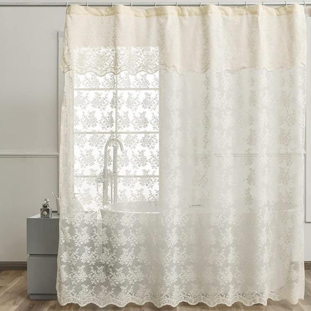 YJ YANJUN Ivory Lace Shower Curtain - Shabby Chic Flower Shower Curtain with Attached Valance, Luxury Lace Curtain for Bathroom, Farmhouse Shower Curtains, 72 x 72 Inch, Light Beige