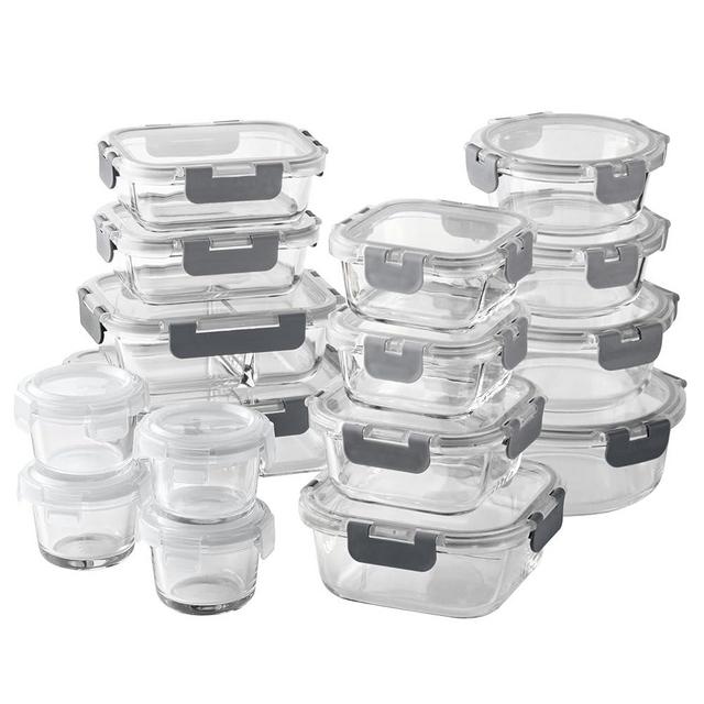 COOK WITH COLOR Premium 32-Pc. Borosilicate Glass Food Container Set with Dividers - 4 Rectangles, 8 Rounds, 4 Squares - Leakproof Lids - Meal Prep, Storage, Ombre Grey