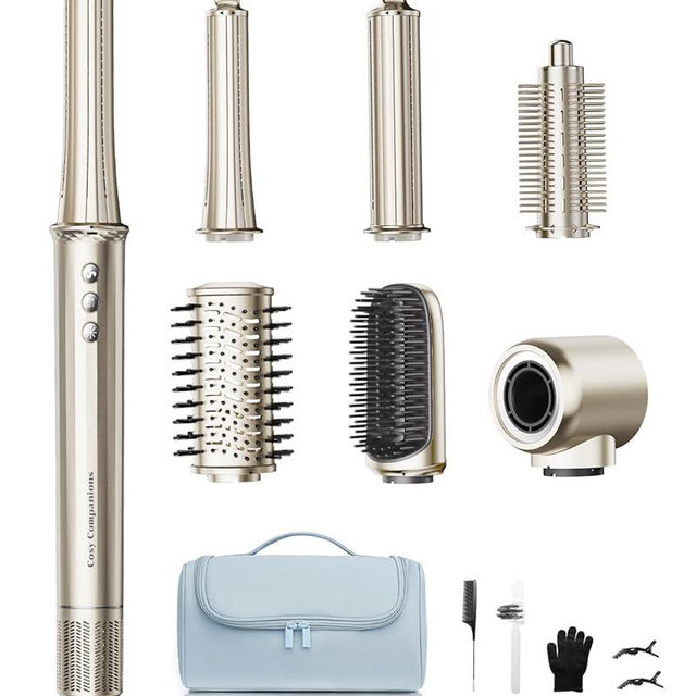 6-in-1 Hair Dryer Brush, Hair Styler with Automatic Curlers, 150,000 RPM High-Speed Negative Ionic Hair Dryer Fast Drying, Blow Dryer Brush for Curling/Volumizing/Straightening with Travel Bag, Gold
