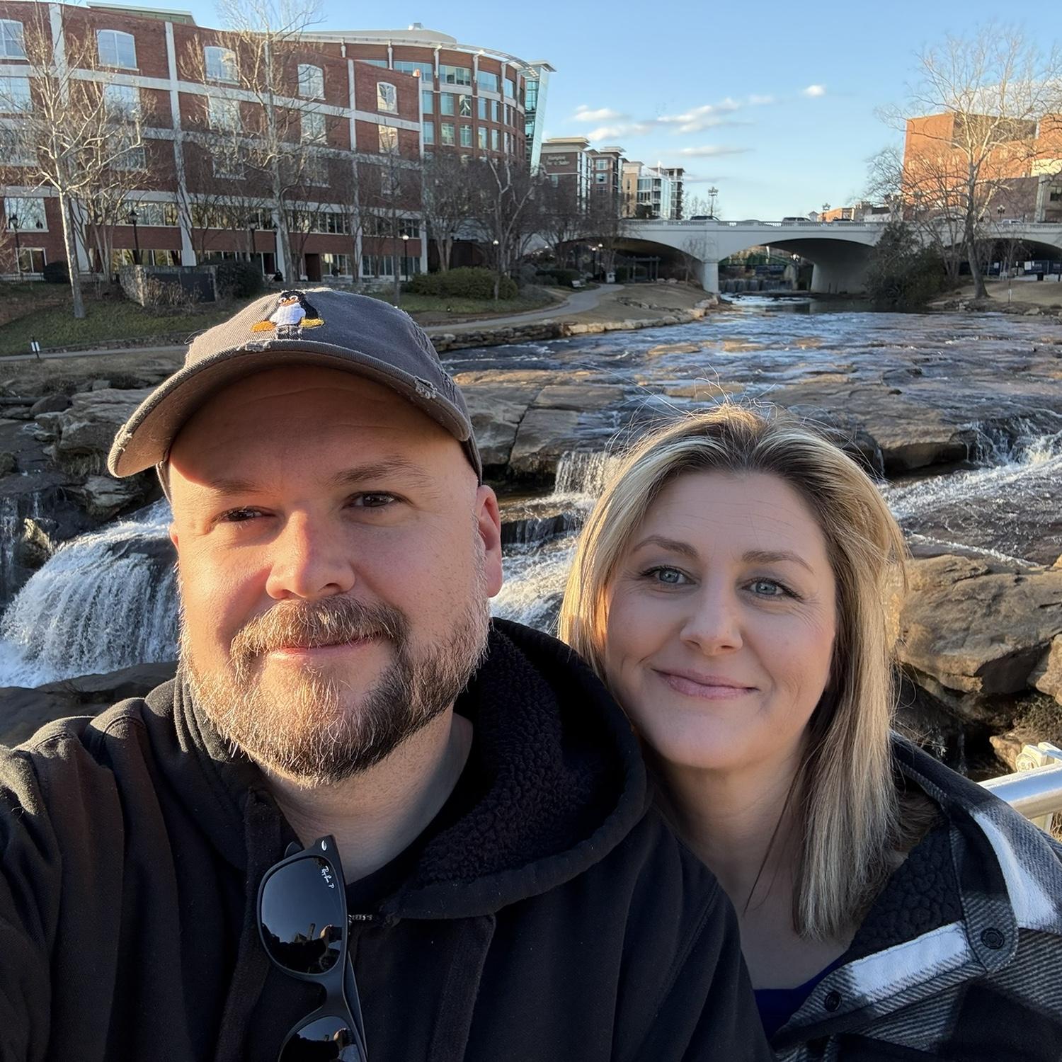 This is in Greenville, South Carolina in January where Brandon proposed over the waterfall at Falls Park on the Reedy. I said, "Yes!"
