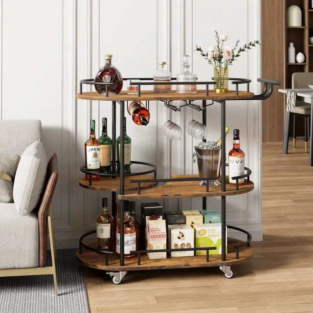 Bar Carts with 4-Tiers Storage Shelves, Mobile Bar Seving Carts On Wheels with Wine Rack and Glass Holder for Kitchen, Dining Room-Black+Brown
