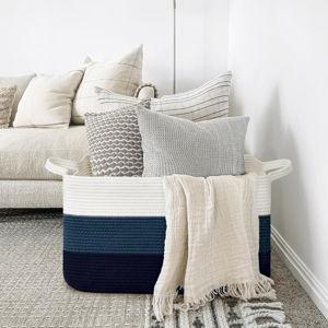 Goodpick Storaget Basket, 21.6" x 14.9" x 11.8", Toy Storage Basket for Bedroom, Woven Baskets for Storage, Large Basket for Organizing, Rectangle Rope Baskets for Blankets, Blue