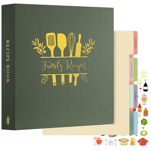 Lanpn Recipe Binder 8.5x11 3 Ring Kit, Waterproof Recipe Book to Write in Your Own Recipes, Blank Organizer Recipe Binder with 60 Plastic Sleeves,116 Recipes, Dividers,Labels & Stickers, Green