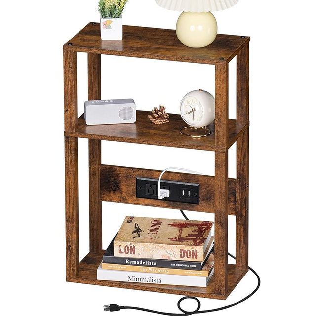 YUFAM 3-Tier Small Narrow Wood Side Table with Charging Station, Skinny Nightstand for Small Space, Slim Bedside Table with Storage for Couch, Thin End Table with USB Ports and Outlets, Rustic Brown
