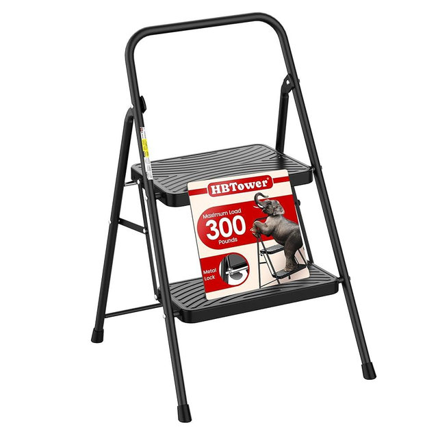 HBtower 2 Step Ladder, Step Stool with Wide Anti-Slip Pedal, Step Ladder Folding Step Stool for Adults, Lightweight Steel Portable ladders for Home Kitchen